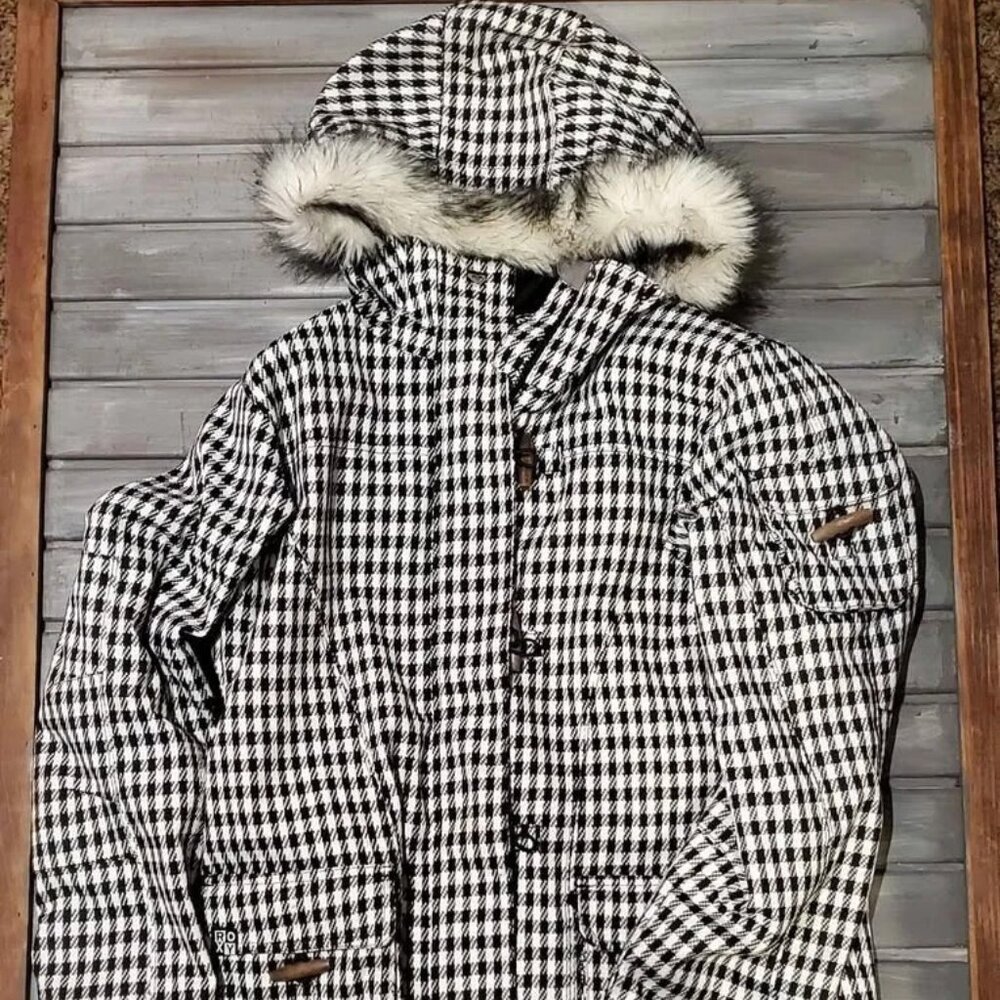 Roxy 5000 Snow Jacket Women M Checkered Fur Hood Long Sleeve Snow Boarding Jacke